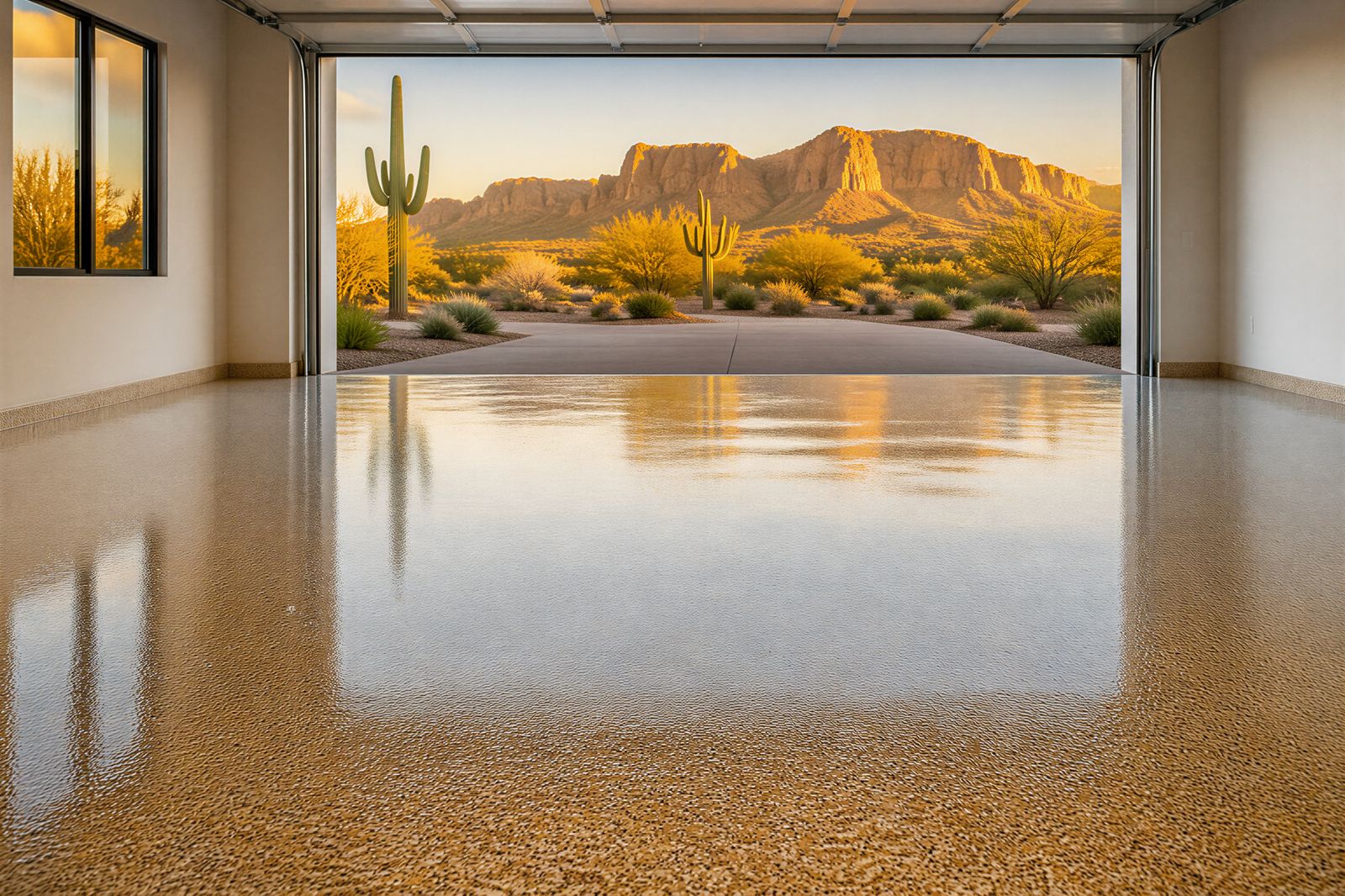 Garage with a tan and gold flake epoxy floor opening onto the Superstition Mountains in Gold Canyon, AZ