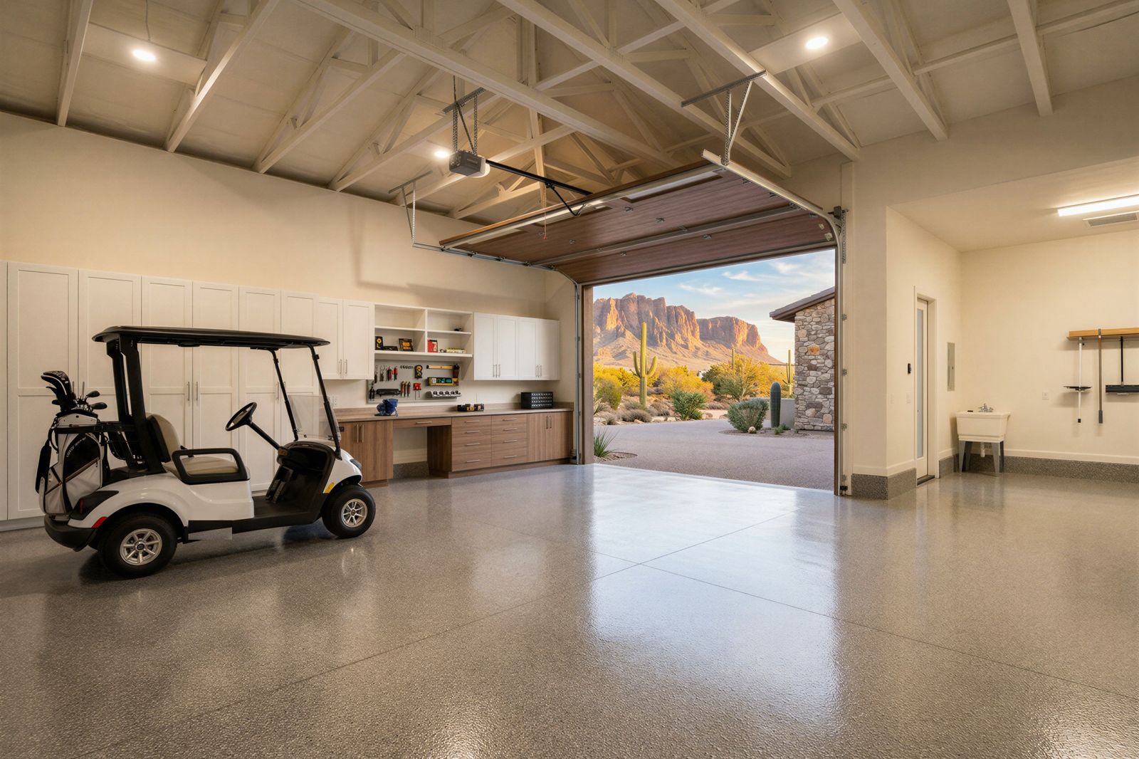 Three-car garage with a gray and tan flake floor and a golf cart, Superstition Mountains outside, Gold Canyon AZ