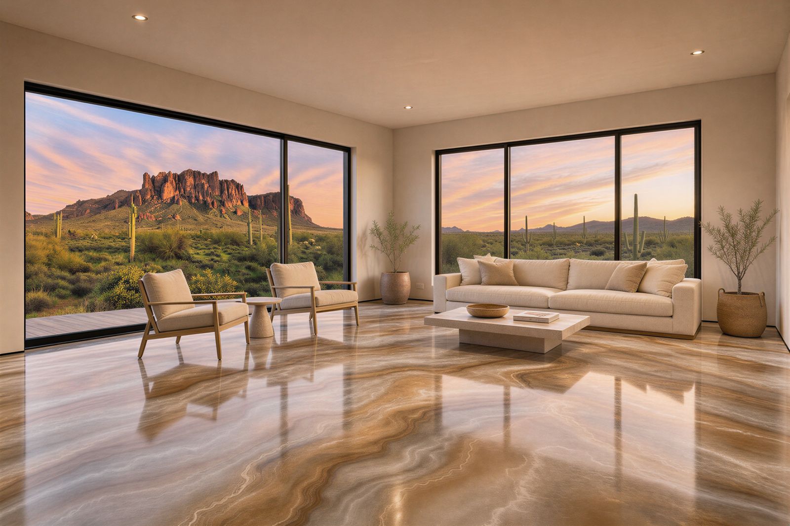 Living room with a champagne and gold metallic epoxy floor in a Gold Canyon home
